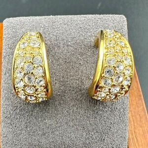 Signed Swarovski Gold tone Pave Crystal Half Hoop Earrings